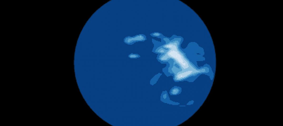 A blue sphere with a white cloud formation towards the right